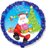 Шар фольга с рисунком 18''/FL круг С Новым Годом Санта с подарками синий