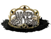 Корона Тиара пластиковая Happy New Year золото с черными перьями Корона Тиара пластиковая Happy New Year золото с черными перьями