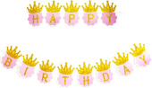 Гирлянда буквы 180см Happy Birthday Золотые короны Розовый