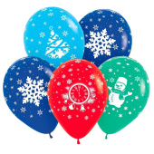 Шар латекс с рисунком 12"/Sp пастель Новый год снеговик снежинка куранты елка ассорти (уп12)