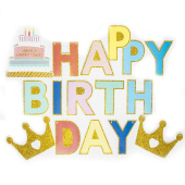 Гирлянда буквы 200см Happy Birthday разноцветные буквы и короны с блестками