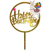 Топпер Happy Birthday лама и шарики Золото 1шт