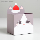 Коробка для мини букетов С Новым Годом котик 12х18х10см