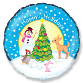 Шар фольга с рисунком 18"/Fm круг Новый год Снеговик у елки