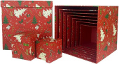 Коробка куб Новогодние елочки и серпантин Красный 26х26х26см набор 10 в1