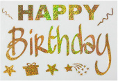 Наклейка на шары и подарки Happy Birthday 19 5х30см Золото голография 1шт