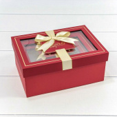 Коробка прямоугольник С окошком и бантом Красный Золото 22,5х16х9,5см 1 штука
