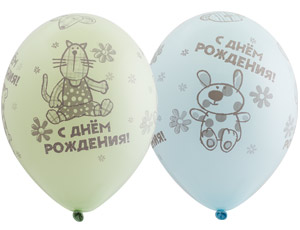 Шар латекс 14"/Bb пастель СДР Зверюшки-игрушки шелкография (25шт)
