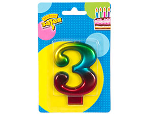 Свеча для торта Цифра Радуга металлик "3" 8см