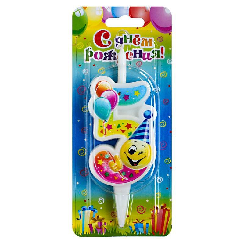 Свеча для торта Цифра Смайлик с шарами "5"