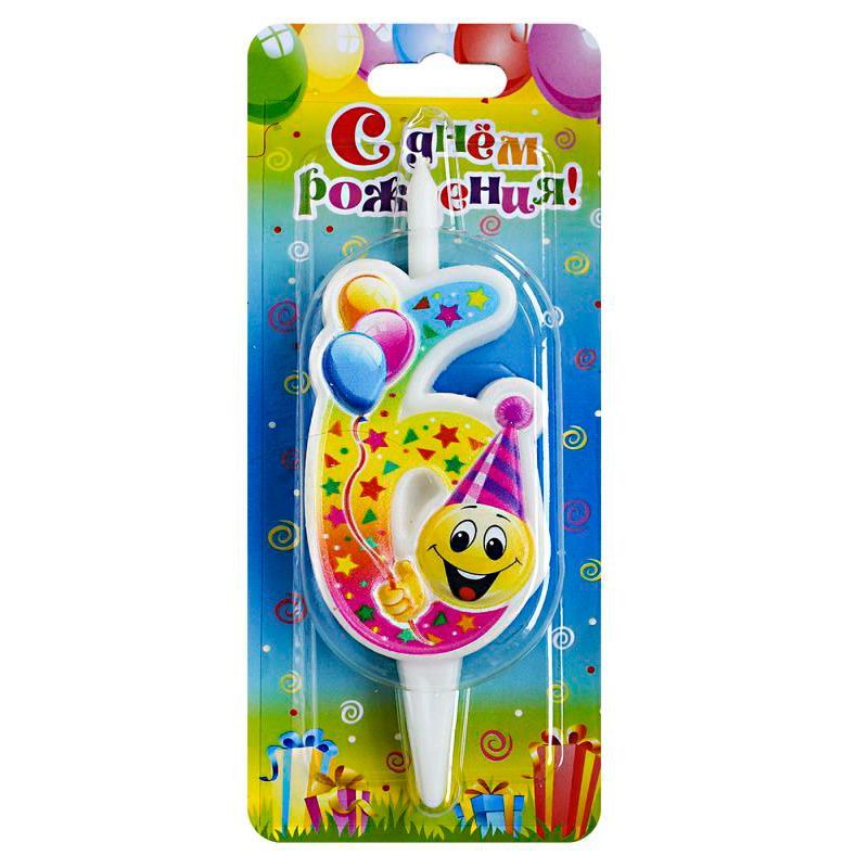 Свеча для торта Цифра Смайлик с шарами "6"