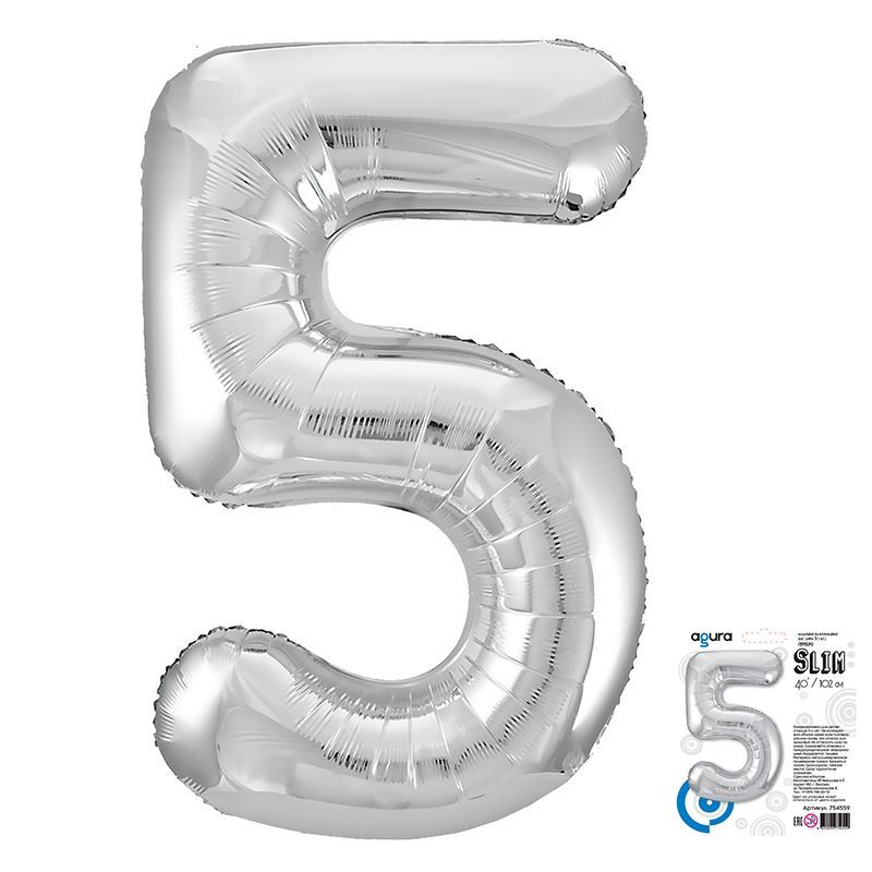 Шар фольга Цифра 40''/AG Slim Серебро Silver "5"