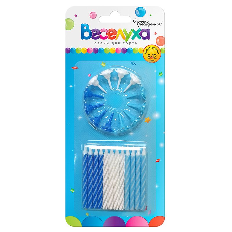 Свеча для торта с держателем витая Голубой темно-синий белый 6см (уп24)