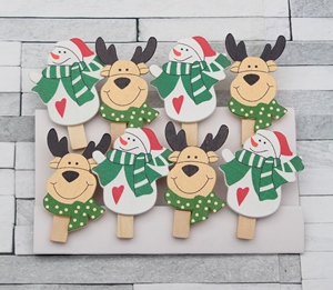 Прищепки дерево декор Снеговик и олень (уп8)