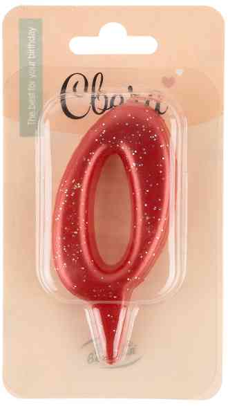 Свеча для торта Цифра Овал Красный с блестками "0" 8см