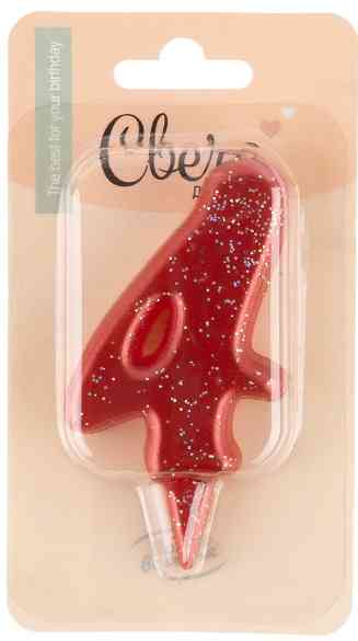 Свеча для торта Цифра Овал Красный с блестками "4" 8см