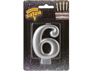 Свеча для торта Цифра Серебряная "6" 8см