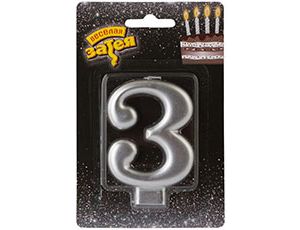 Свеча для торта Цифра Серебряная "3" 8см