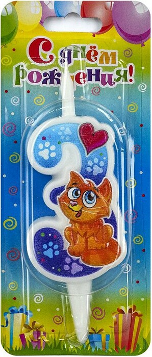 Свеча для торта Цифра Кошечка "3" 12см