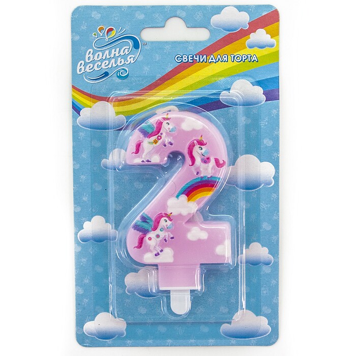 Свеча для торта Цифра Волшебные единороги Розовый "2" 9см