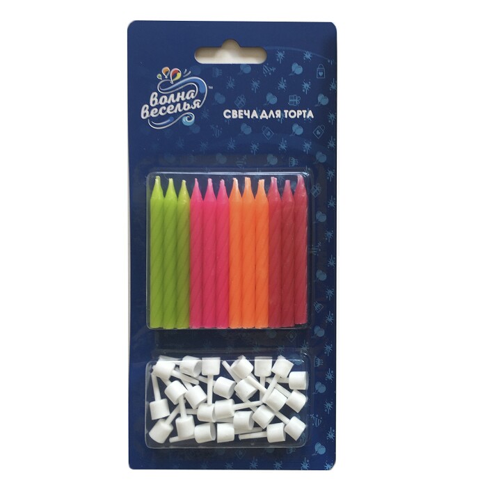 Свеча для торта с держателем витая Яркий микс 6см (уп24)