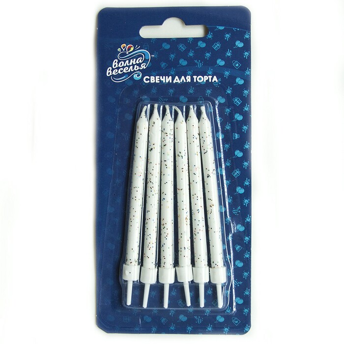Свеча для торта с держателем Яркие искры Белый с блестками 8см (уп6)