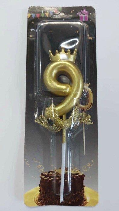 Свеча для торта Цифра корона Золото с бантом "9"