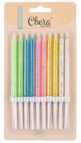 Свеча для торта с держателем глиттер Яркие искры Ассорти 9,5см (уп10)