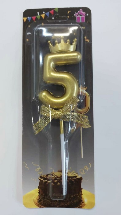 Свеча для торта Цифра корона Золото с бантом "5"