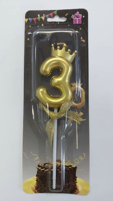 Свеча для торта Цифра корона Золото с бантом "3"