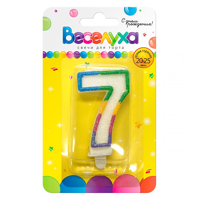 Свеча для торта Цифра Разноцветный градиент с глиттером "7" 6см