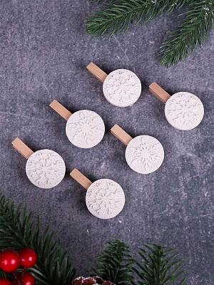 Прищепки керамика декор Снежинки, белые 3,5см (уп6)