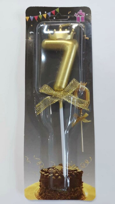 Свеча для торта Цифра корона Золото с бантом "7"