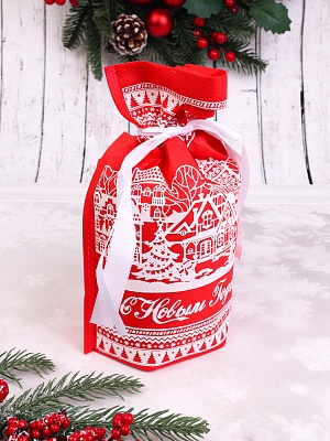 Мешок для подарков 36х24х12см Уютная избушка красный