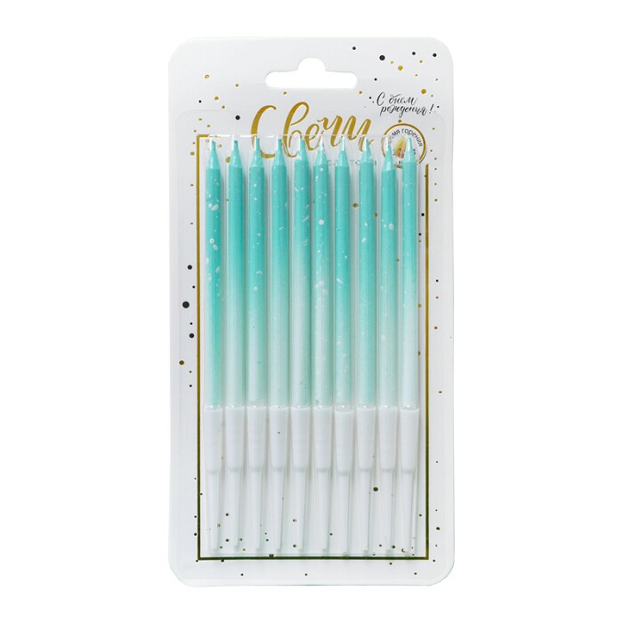 Свеча для торта с держателем Градиент с брызгами Минт 11см (уп10)