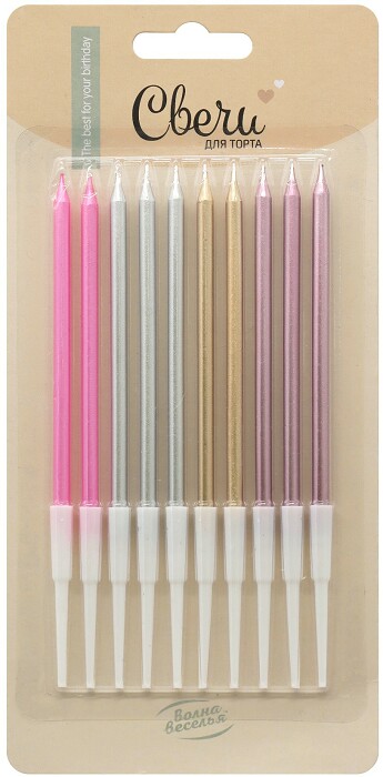 Свеча для торта с держателем Элегантная серия ассорти металлик 0,5х10,5 + 5см (уп10)