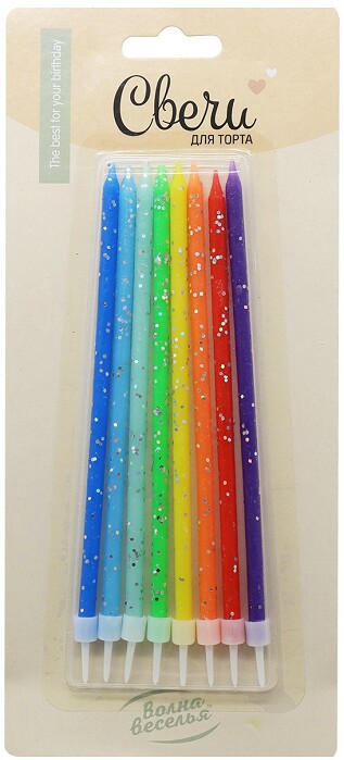 Свеча для торта с держателем Яркий микс ассорти с блестками 0,5х14см (уп8)