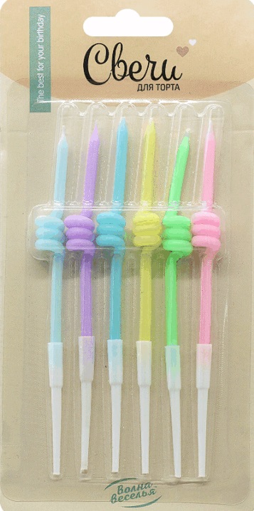 Свеча для торта с держателем Спирали ассорти макарунс 0,35х8,5 + 5см (уп6)