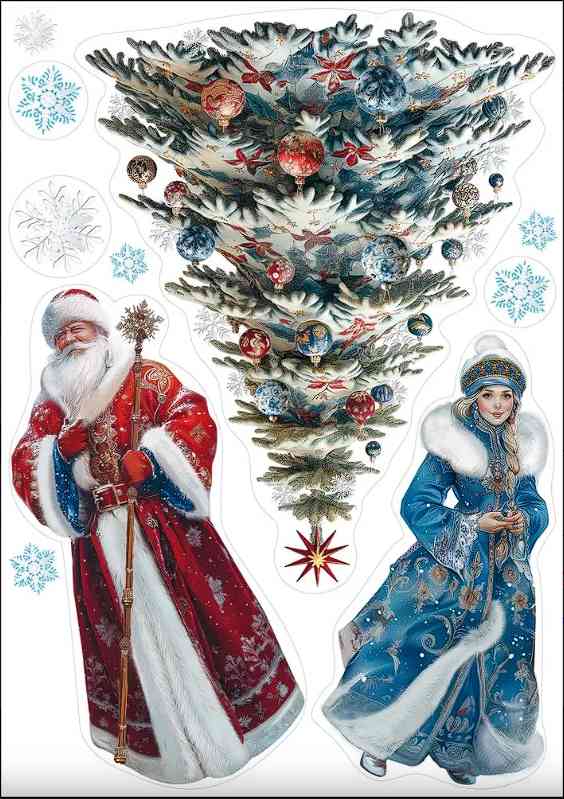 НГ Наклейка двусторонняя А3 Дед Мороз, Снегурочка и елка