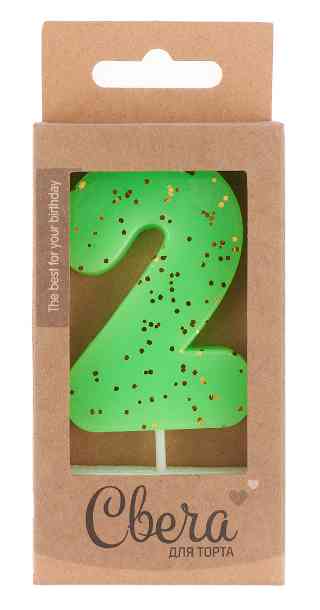 Свеча цифра "2" Неон Зеленый с блестками 6смВВ