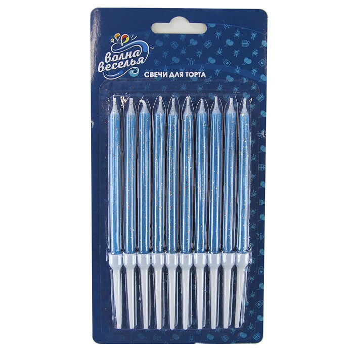 Свеча для торта с держателем Голубой с блестками 10см уп10