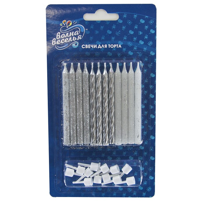Свеча для торта с держателем Серебряный микс металлик с блестками 7,5см уп12