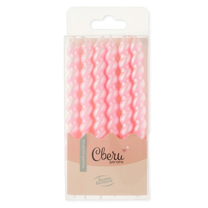 Свеча для торта с держателем Спирали Розовый Перламутр 0,7х7 + 3,5см уп6