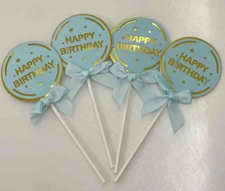 Топпер бумажный Happy Birthday круг голубой 17см (уп4)АА