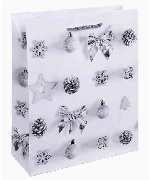 НГ Пакет M 18х23х8см Ассорти блест украшений на белом