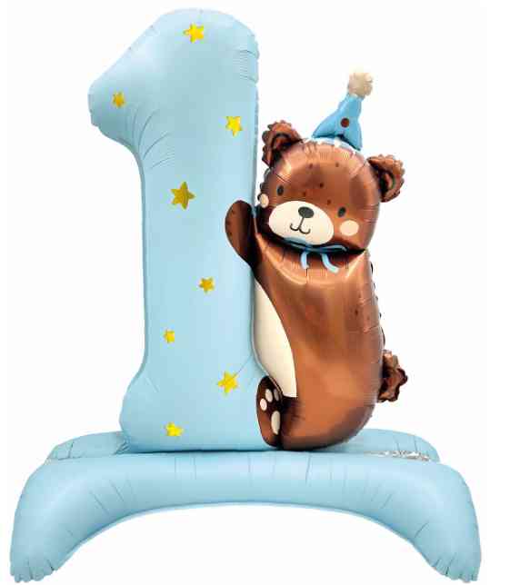 Шар фольга Цифра на подставке 35"FL Голубой "1 Годик" Мишка в колпачке Сатин (упак)