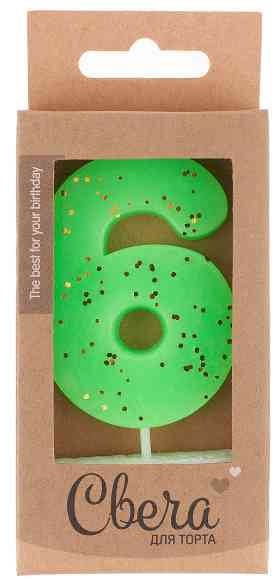 Свеча цифра ЭКО Неон Зеленый с блестками "6" 6см ВВ