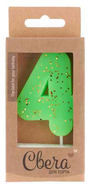 Свеча цифра ЭКО Неон Зеленый с блестками "4" 6см ВВ