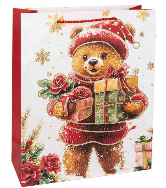 НГ Пакет бумажный M 18х23см Новогодний мишка Дизайн №4 Металлик
