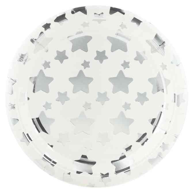 Тарелки бумажные Звезды Микс Белый Серебро Металлик 180мм (уп6) ВВ